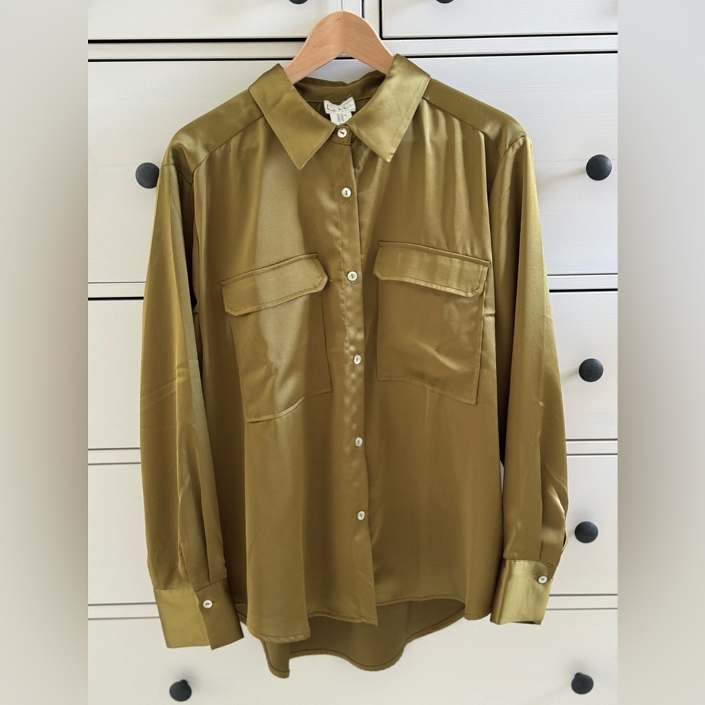 Nicole Miller New York Silky Olive Green Buttondown Shirt Size XL